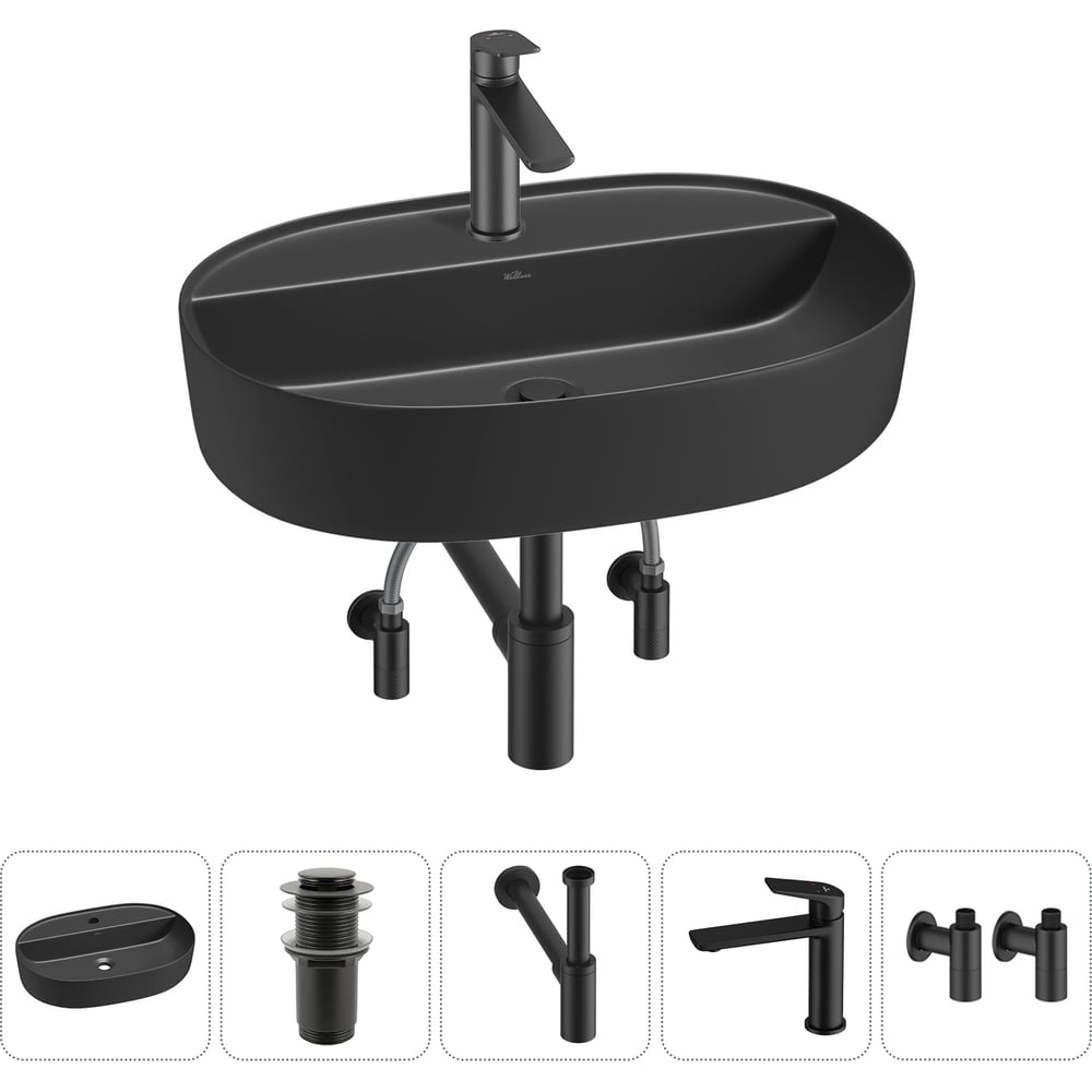 Изображение товара Накладная раковина для ванной Wellsee Chic Riviera 5 в 1 с смесителем сифоном черный матовый