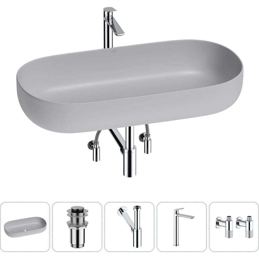 Изображение товара Накладная раковина для ванной Wellsee Chic Riviera 1 чашка, серый, комплект 5 в 1