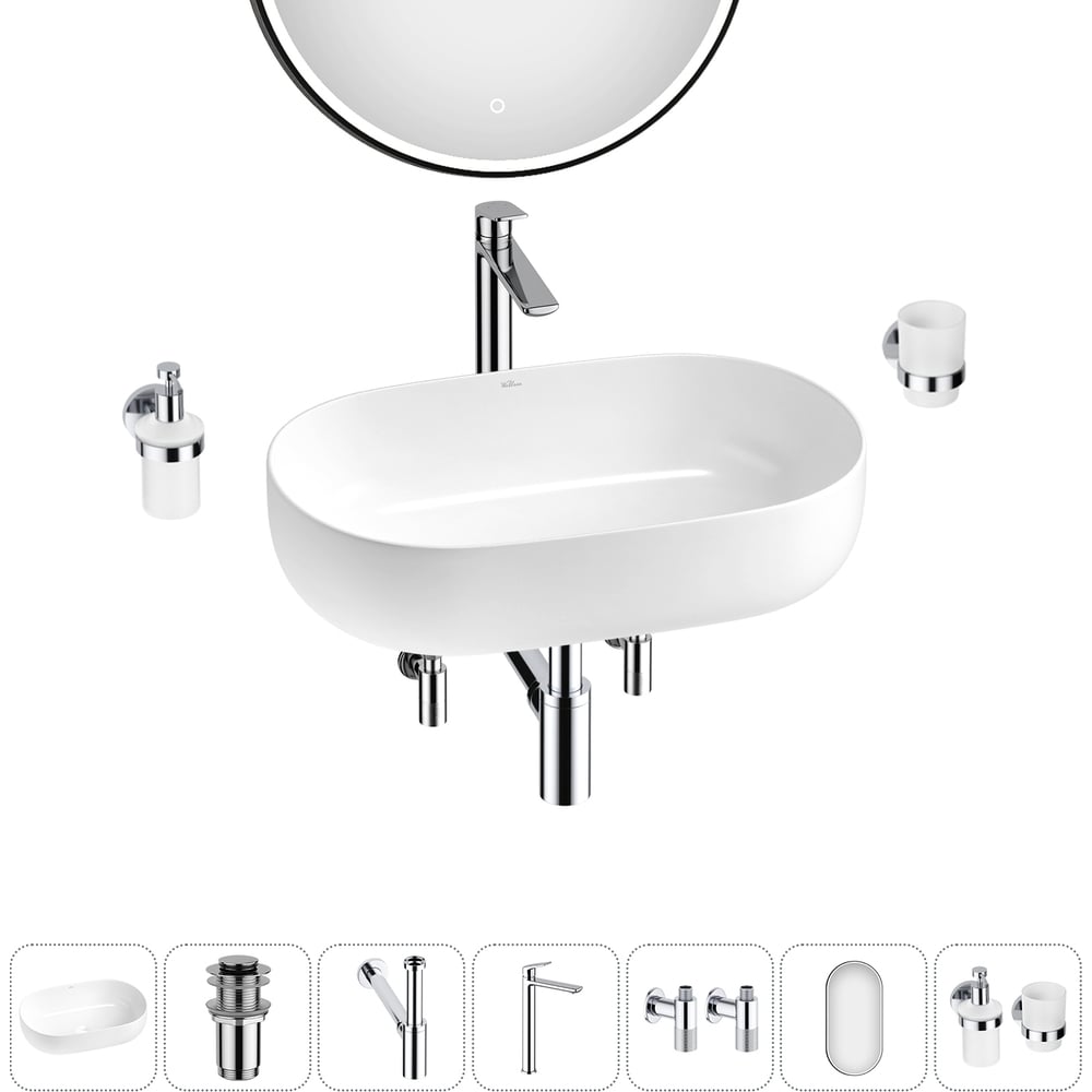 Изображение товара Накладная раковина для ванной комнаты Wellsee Chic Riviera набор 7в1 с зеркалом и смесителем