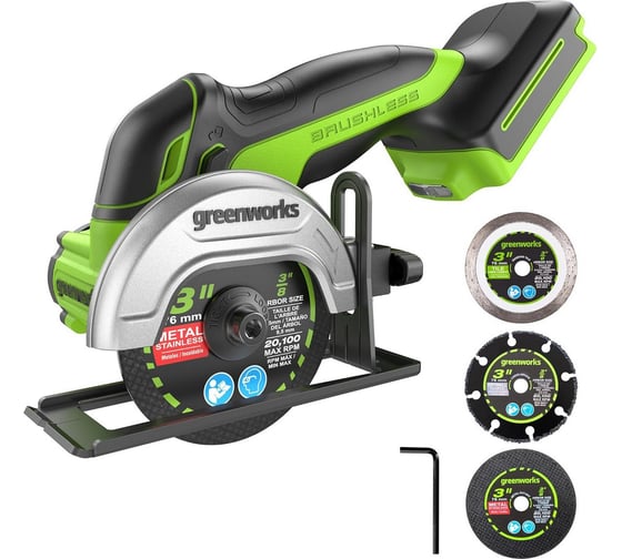 Изображение товара Угловая мини-шлифмашина аккумуляторная GreenWorks GD24UCS, 24В, б/щет., 20000 об/мин, 76 мм, рез 18 мм, без АКБ и ЗУ 3402007