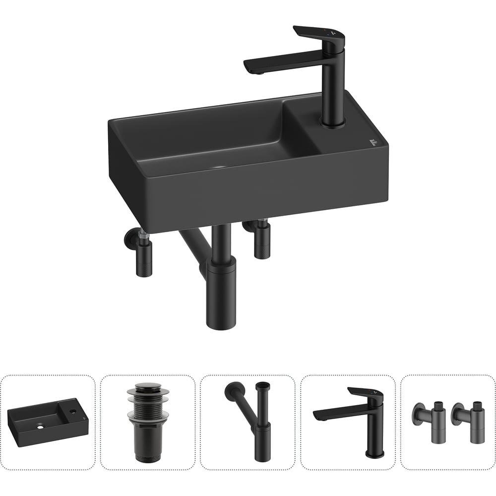 Изображение товара Раковина Wellsee WC Area 5 в 1 (черный матовый) с смесителем и комплектом аксессуаров