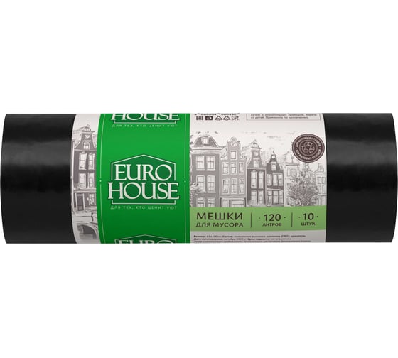 Изображение товара Мешки для мусора (10 шт; 120 л; 33 мкм; 70х110см; ПВД) EUROHOUSE 3623