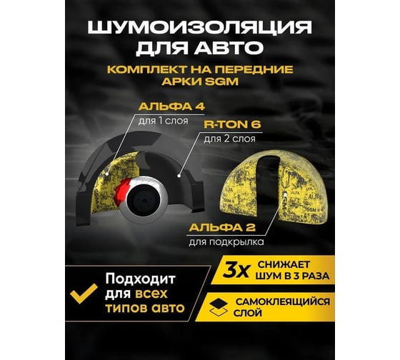 Изображение товара Комплект шумоизоляции на передние арки автомобиля SGM виброизоляция А, звукопоглощающий материал R-ton 6 SGM.2ARC.SET