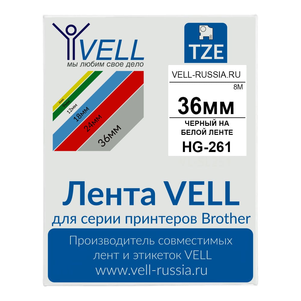 Изображение товара Лента Vell HG-261 Brother, 36 мм, черный на белом для PT9700/P900W