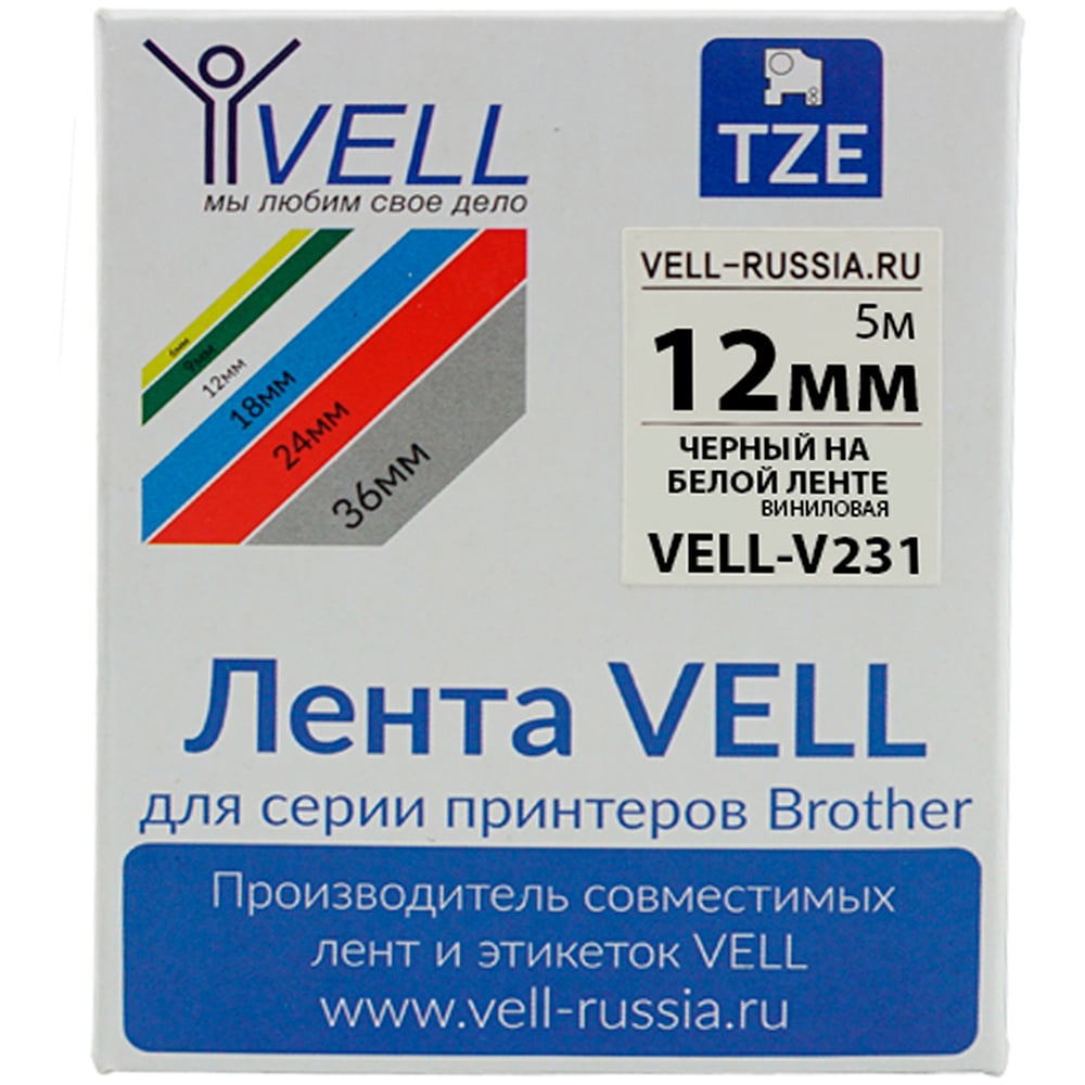 Изображение товара Виниловая лента Vell V-231 12 мм черный на белом для термопринтеров