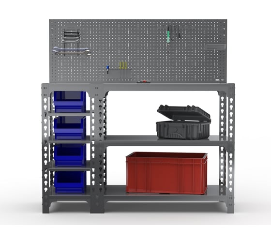 Изображение товара Стол-верстак ООО Металекс 950x1200x400 (с боковыми полками, перфопанелью и комплект аксессуаров) серый 111654