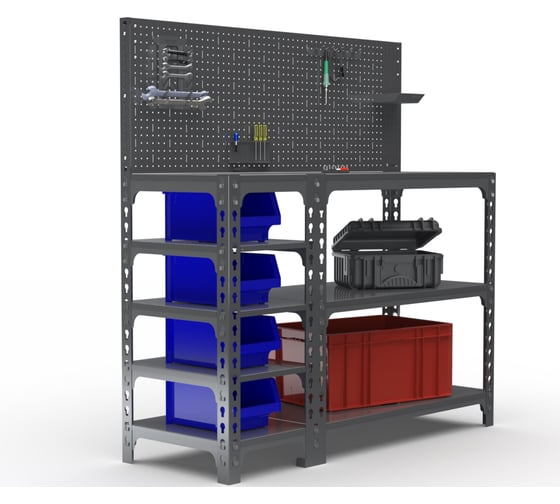 Изображение товара Стол-верстак ООО Металекс 950x1400x500 (с боковыми полками, перфопанелью и комплект аксессуаров) серый 111665
