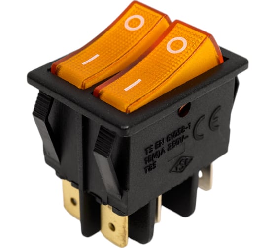 Изображение товара Двухклавишный выключатель Emas с подсветкой, жёлтые клавиши, 1НО+1НО, 250 В AC, 16 А A12B1S11