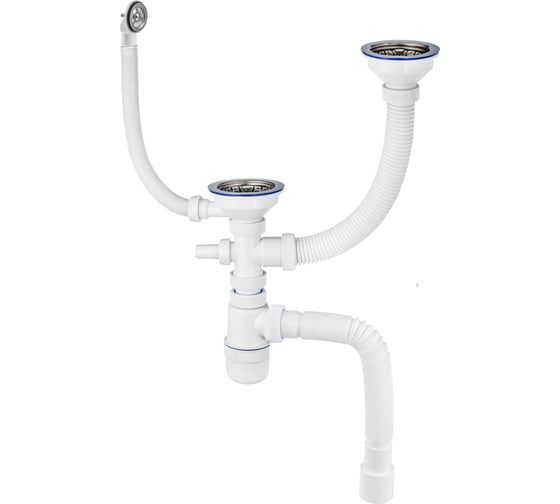 Изображение товара Сифон VIRPLAST Элит 3½ х 40 мм для двойной разноуровневой мойки с нержавеющими чашками Ø115 мм, с отводом, с круглым переливом L350 мм и с гофротрубой L800 мм 40x40/50 мм 30987097