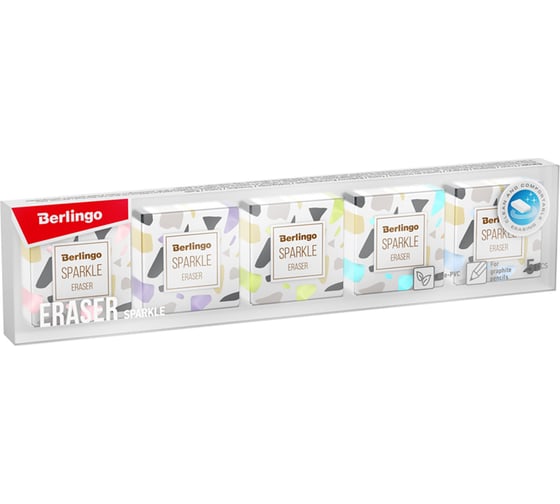 Изображение товара Прямоугольный ластик BERLINGO Sparkle 5 шт, 34х34х12 мм, пластиковая коробка BLc_00500_5