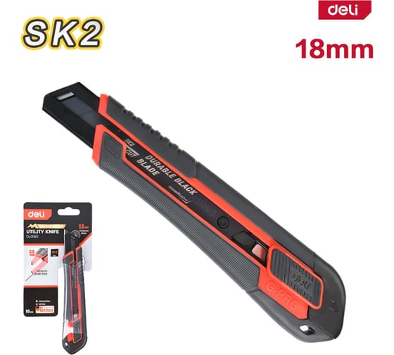 Изображение товара Профессиональный технический нож DELI 18мм DL018G полностью прорезиненный ударопрочный корпус, автоматическая блокировка 179579