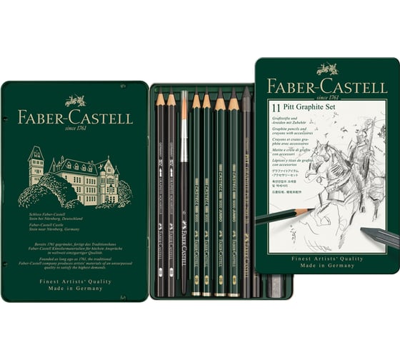 Изображение товара Набор чернографитных карандашей Faber-Castell Pitt Graphite 11 предметов, заточенный, металлический корпус 112972