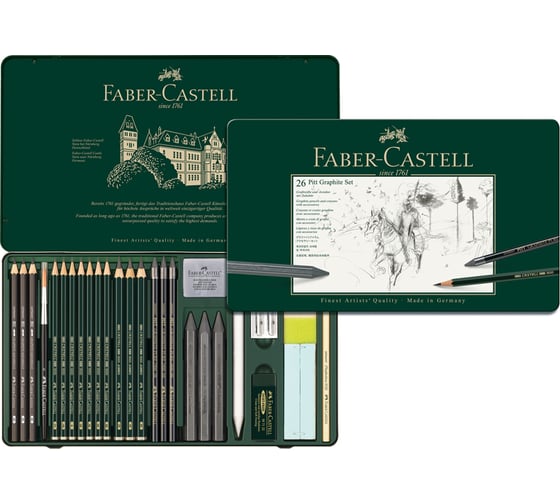 Изображение товара Набор чернографитных карандашей Faber-Castell Pitt Graphite 26 предметов, заточенный, металлический корпус 112974