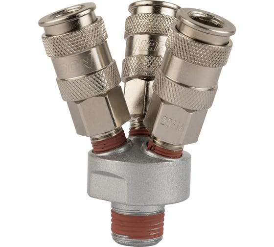 Изображение товара V-образный разветвитель Harrison с тремя БРС мама с внешней резьбой 3/8 и внутренней резьбой 1/4 HRS-SMYT