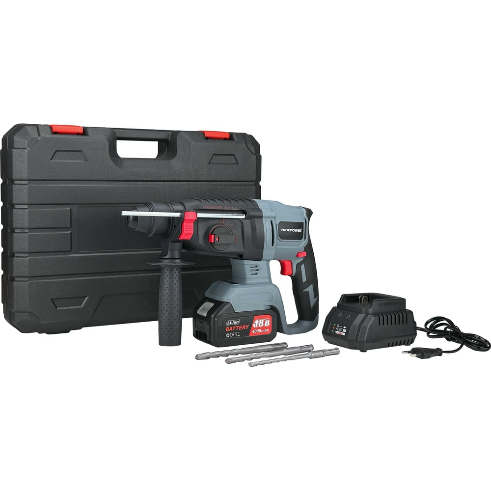 Изображение товара Аккумуляторный перфоратор беcщеточный Profipower MKDHR-18V (Li-ion-1шт, 4.0Ач, 1,9Дж, 3 режима, З/У, кейс) T0058