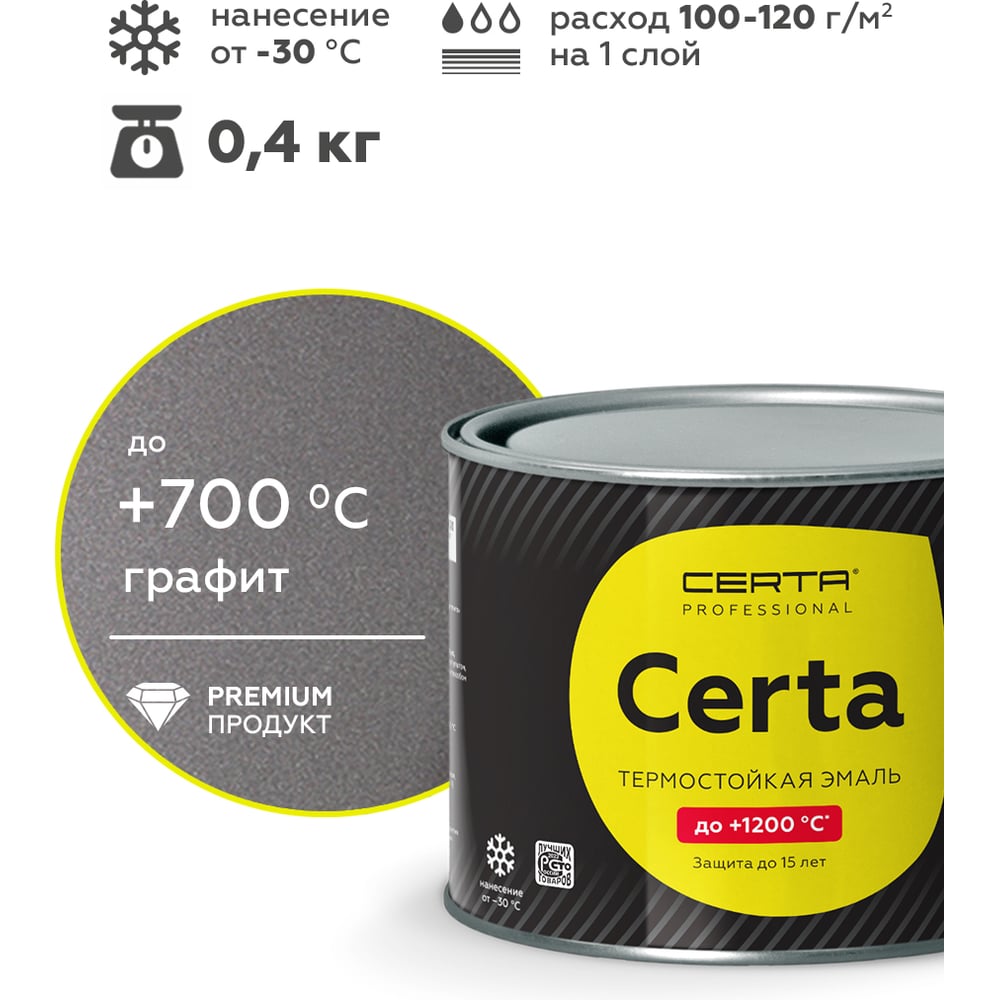Изображение товара Краска термостойкая антикоррозионная Certa до 700С, графит, 0,4 кг CPR00061