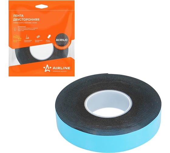 Изображение товара Лента двусторонняя клейкая (скотч) Airline 19мм*5м, акриловая, черная, лайнер синий ADSA019