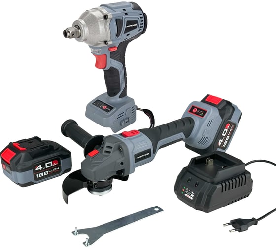 Изображение товара Аккумуляторный бесщеточный набор 2в1 Profipower УШМ E0080, гайковерт E0081, Li-ion 2шт 18В, 4.0Ач, З/У E0092