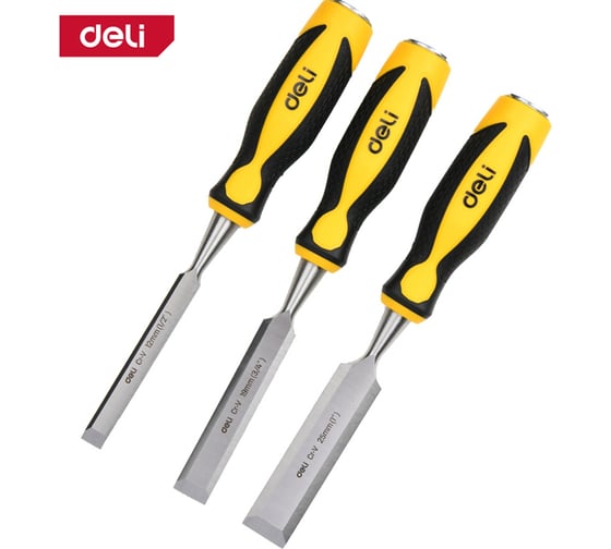Изображение товара Набор стамесок плоских DELI 12/19/25мм DL6203-ED1 (CrV сталь, рабочая длина 140мм, прорезиненная рукоять) 179423