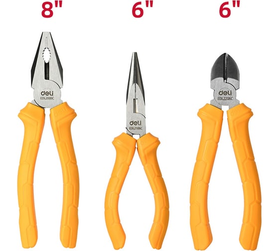 Изображение товара Набор плоскогубцев DELI DL2008C-3 (комбинированные 200мм, удлиненные 160мм, диагональные бокорезы 160мм) 179424