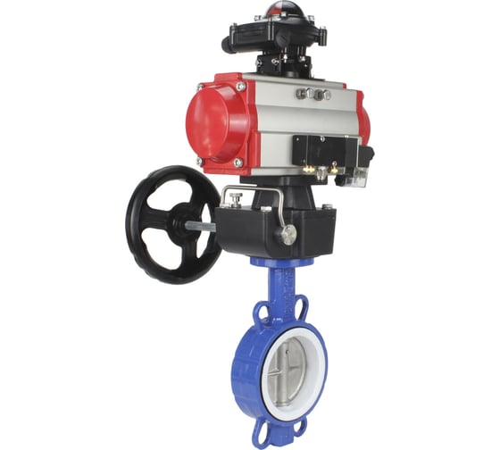 Изображение товара Затвор DN.ru WCB-316L-PTFE Ду50 Ру16 с пневмоприводом, пневмораспределителем, БКВ, дублером D050-00355