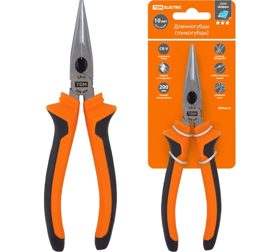 Изображение товара Длинногубцы (тонкогубцы) TDM ELECTRIC с двухкомпонентными рукоятками, CR-V сталь, 200 мм, серия "Алмаз" SQ1011-0204