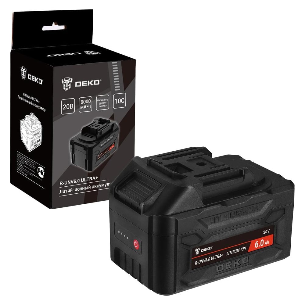 Изображение товара Аккумулятор DEKO R-UNV6.0 ULTRA+, Li-ion, 20В, 6.0А*ч, с повышенной токоотдачей 083-1019
