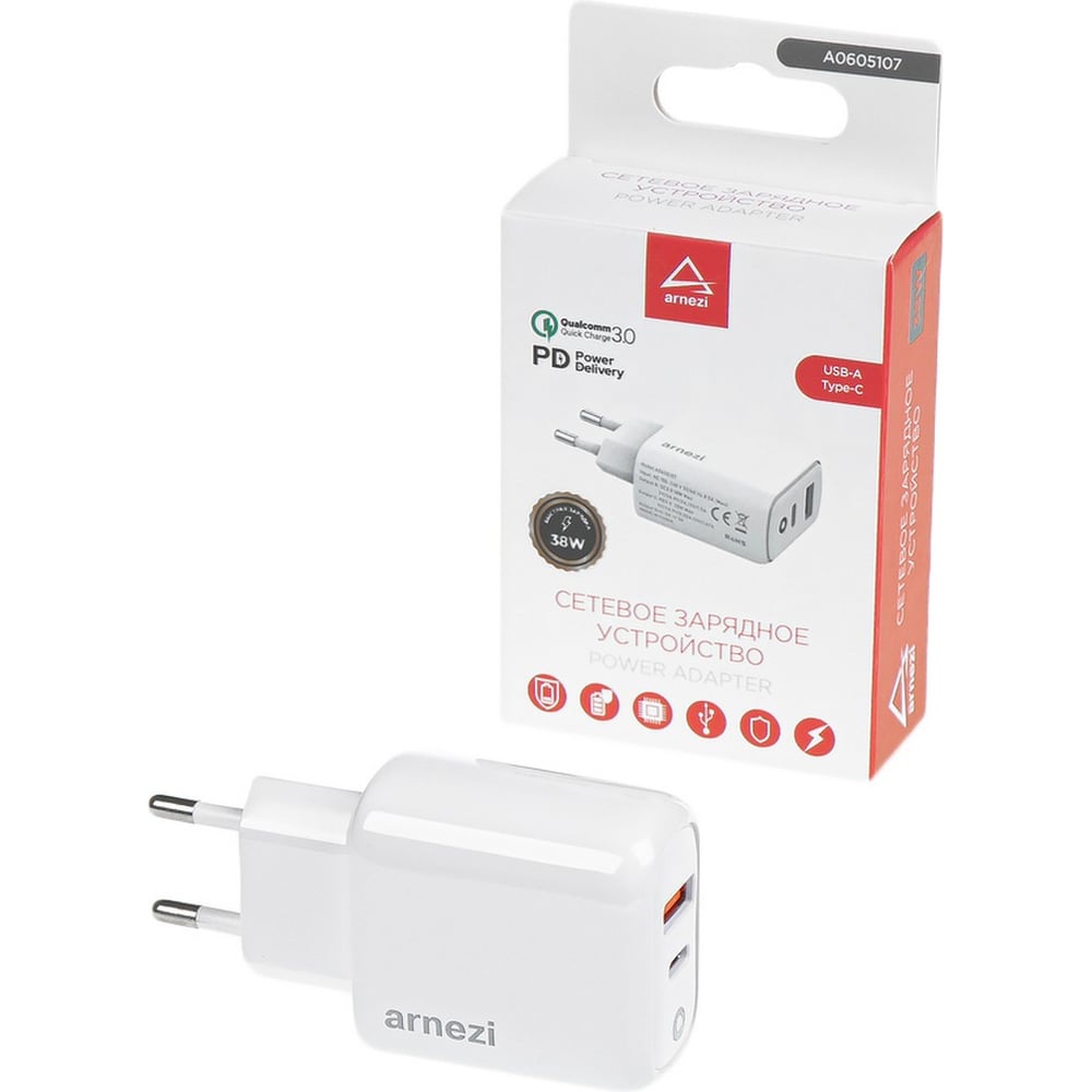 Изображение товара Сетевое зарядное устройство Arnezi 38W USB-A и Type-C для быстрой зарядки