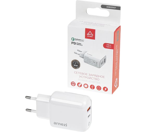 Изображение товара Сетевое зарядное устройство Arnezi 38W USB-A (QC3.0), Type-C (PD3.0) A0605107
