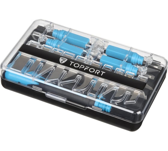 Изображение товара Набор ножей граверов Topfort 4 рукоятки металл+пластик SX01N + SX06 + SX032 + SX033, 14 лезвий разных типов, SK5, пластиковый бокс на подложке 1960444