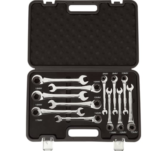 Изображение товара Набор комбинированных разрезных ключей с трещеткой REKON RW1243S (8-9-10-11-12-13-14-15-17-19 мм) CrV, 12 предметов 053012