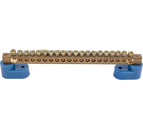 Изображение товара Шина "0" EKF N 20 отверстий, латунь, 2 синих угловых изолятора, розничный стикер 10 шт sn0-2-63-20-r