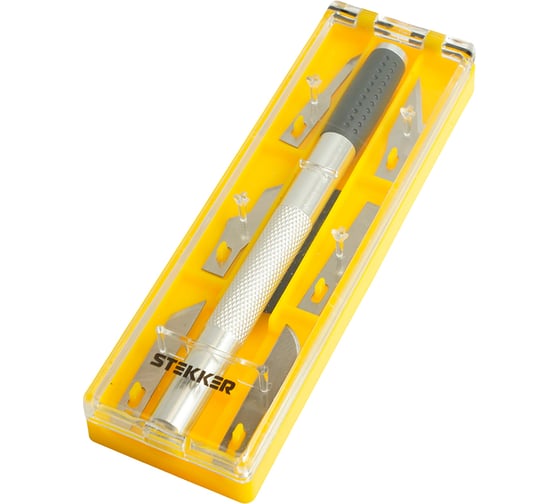 Изображение товара Нож макетный с алюминиевой рукояткой STEKKER 0,5 мм, кейс, 6 лезвий в комплекте, KMU-41-S, 50197
