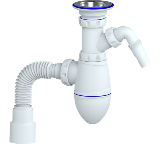 Изображение товара M322V Сифон для тюльпана, умывальника прикручивающийся выпуск 1 1/4" (Ø 32) отводом для стиральной Unicorn М322V
