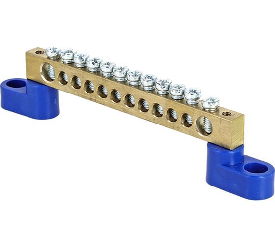 Изображение товара Шина "0" EK, N 12 отверстий латунь 2 синих угловых изолятора розничный стикер PROxima sn0-63-12-2-r