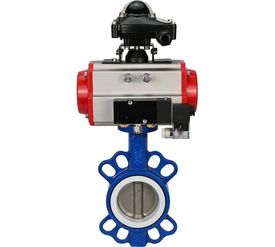 Изображение товара Затвор DN.ru WCB-316L-PTFE Ду80 Ру16 с пневмоприводом, пневмораспределителем, БКВ D050-00364