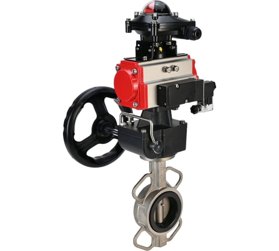 Изображение товара Затвор DN.ru 316L-316L-PTFE Ду150 Ру16 с пневмоприводом, пневмораспределителем, БКВ, дублером D050-00175