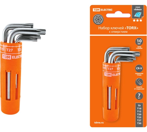 Изображение товара Набор ключей TDM ELECTRIC Алмаз TORX с отверстием, 7 шт, T9-T30, CR-V, круглый держатель, в блистере SQ1021-0101