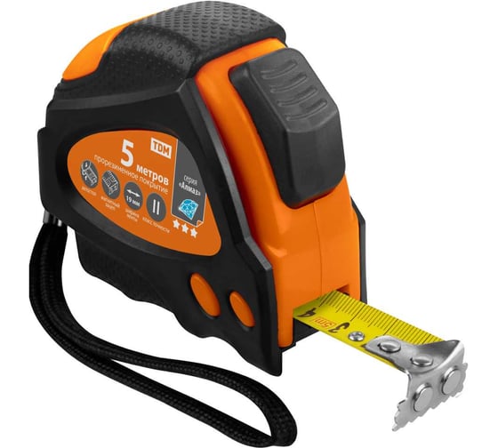 Изображение товара Рулетка TDM ELECTRIC Алмаз 5 м х 19 мм тройная фиксация, автостоп, обрезиненный корпус, магнит SQ1018-0110