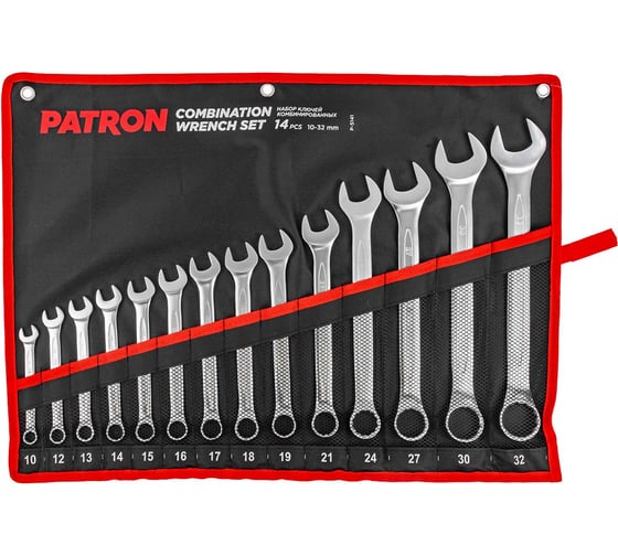 Изображение товара Набор ключей комбинированных PATRON 14 предметов 10, 12, 13, 14, 15, 16, 17, 18, 19, 21, 24, 27, 30, 32 мм, на полотне (14554) P-5141