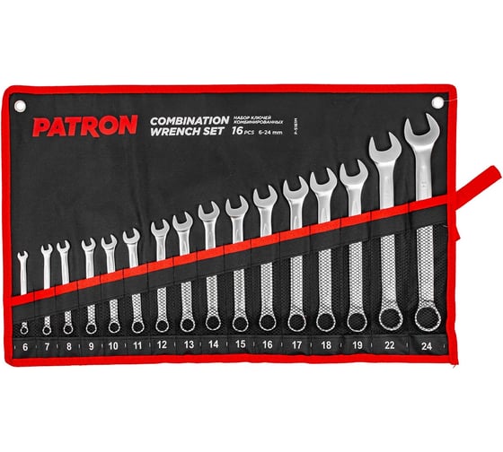 Изображение товара Набор ключей комбинированных Patron 16 предетов 6, 7, 8, 9, 10, 11, 12, 13, 14, 15, 16, 17, 18, 19, 22, 24 мм, на полотне (14554) P-5161M