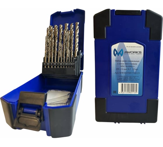 Изображение товара Набор сверл спиральных с цилиндрическим хвостовиком MWORKS DIN338 HSCO (D1-13) шаг 0,5 25 шт. MW065509 550225