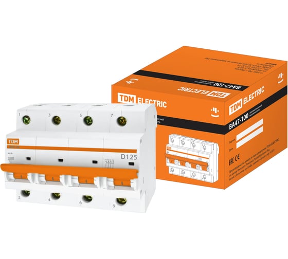 Изображение товара Автоматический выключатель TDM ELECTRIC ВА47-100, 4Р, 125А, 10кА, характеристика D SQ0207-0096