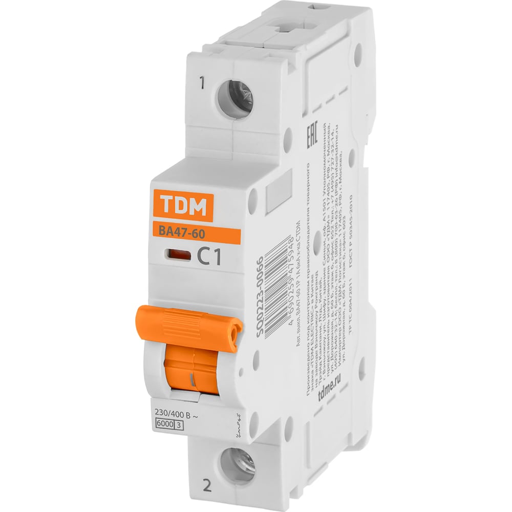 Изображение товара Автоматический выключатель TDM ELECTRIC ВА47-60, 1Р, 1А, 6кА, характеристика С SQ0223-0066