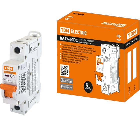 Изображение товара Автоматический выключатель TDM ELECTRIC ВА47-60DC, 1P, 4А, 6кА, характеристика С SQ0223-1006