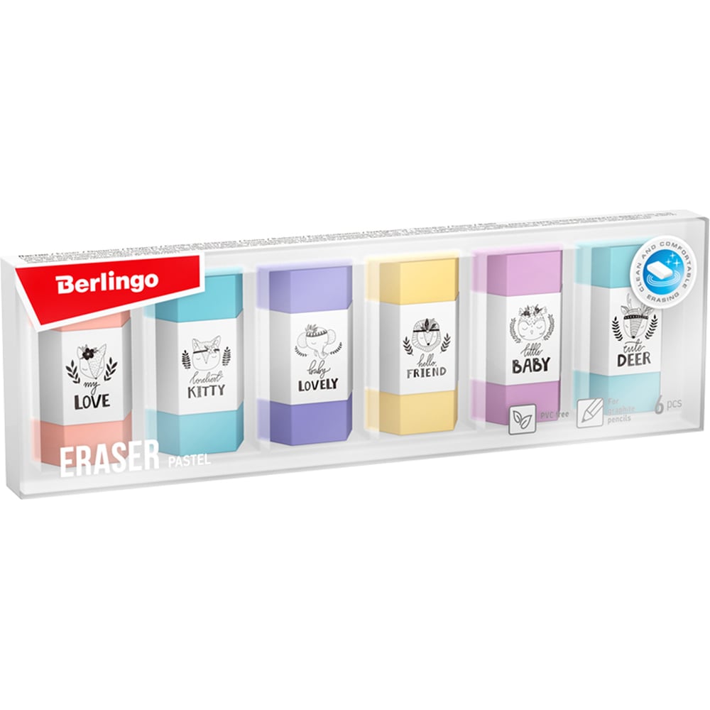 Изображение товара Ластик BERLINGO Pastel 6 шт, термопластичная резина, пластиковая коробка