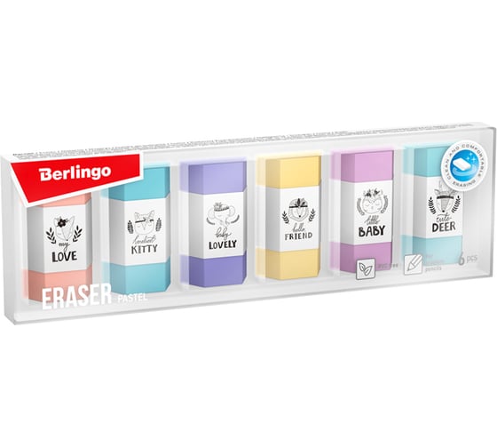 Изображение товара Ластик BERLINGO Pastel 6 шт, термопластичная резина, 50х28х12 мм, пластиковая коробка BLc_00390_6