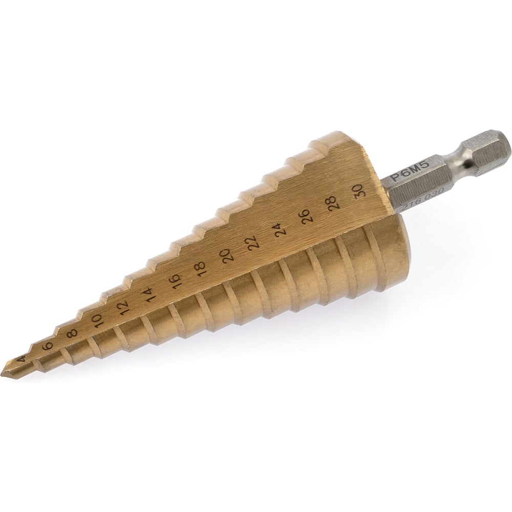 Изображение товара Ступенчатое сверло по металлу 4-30 мм Р6М5, шестигранный хвостовик, 100 мм