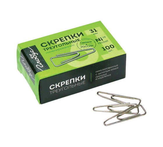 Изображение товара Скрепки ОФИСМАГ 31 мм, никелированные, с загнутым краем, треугольные, 100 шт., в картонной коробке, GLOBUS, С31-100Н 224971