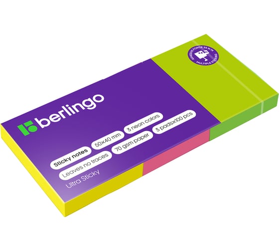 Изображение товара Самоклеящийся блок BERLINGO Ultra Sticky 50х40 мм, 3 блока по 100 листов, 3 неоновых цвета LSn_39003